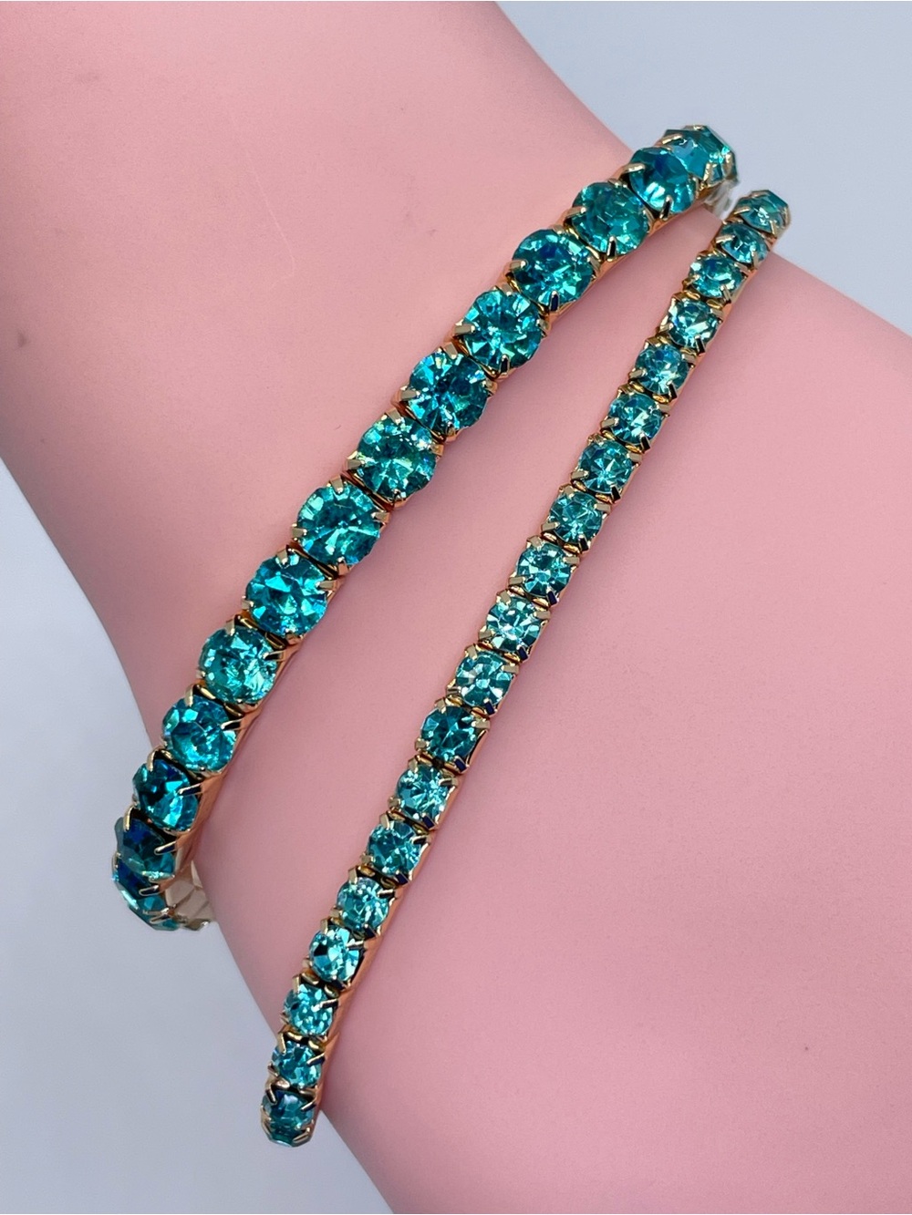 Gold Tone Aqua Blue Crystal Stretch Tennis Bracelet Stackable Glam